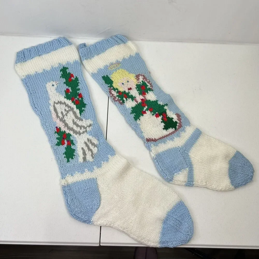 Knitted‎ Christmas Stocking Angel Bird Dove Blue Rustic Farmhouse Holiday Decor
